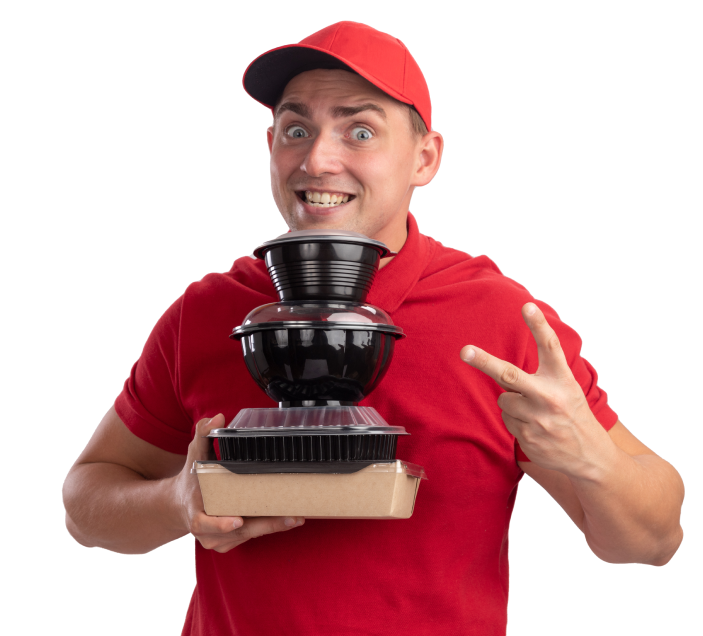 excited-young-delivery-man-wearing-uniform-with-cap-holding-food-containers-showing-peace-gesture-isolated white wall