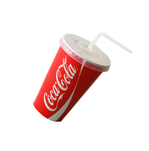 A floating drink by the top right corner of the big sized logo